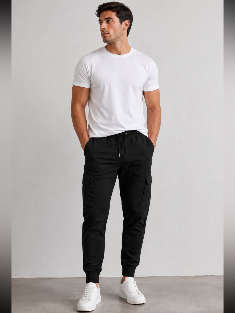 Sag Harbor Men’s Black Cargo Jogger Pants Drawstring Elastic Waist - Size L